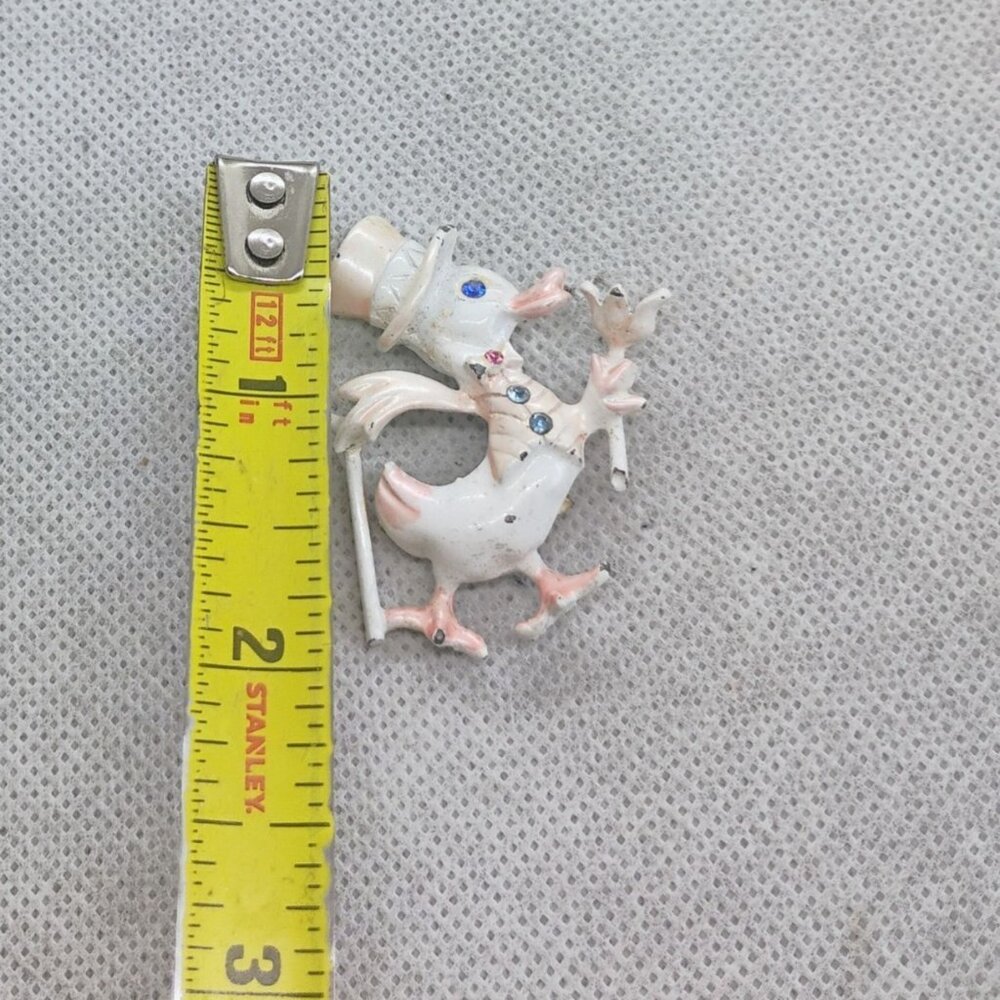 Vintage BJ Enamel Duck Brooch Pin w/Cane & Top Hat White w/Rhinestones 2" - Picture 3 of 4
